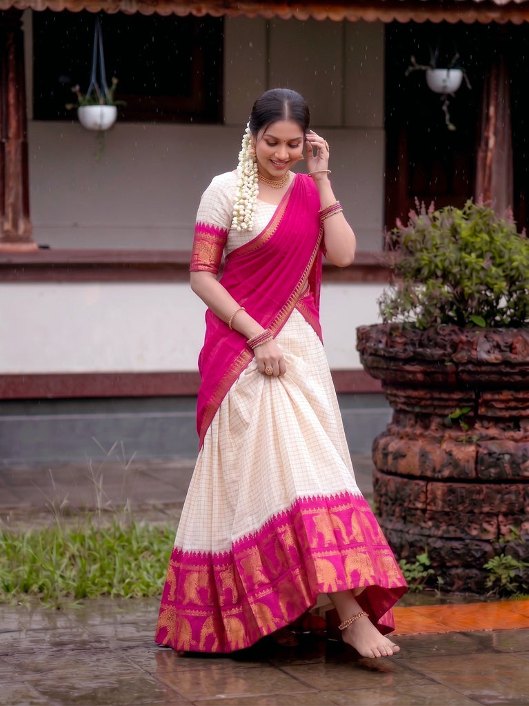 Ivory Checked Poly Cotton Half Saree Lehenga with Pink Dupatta