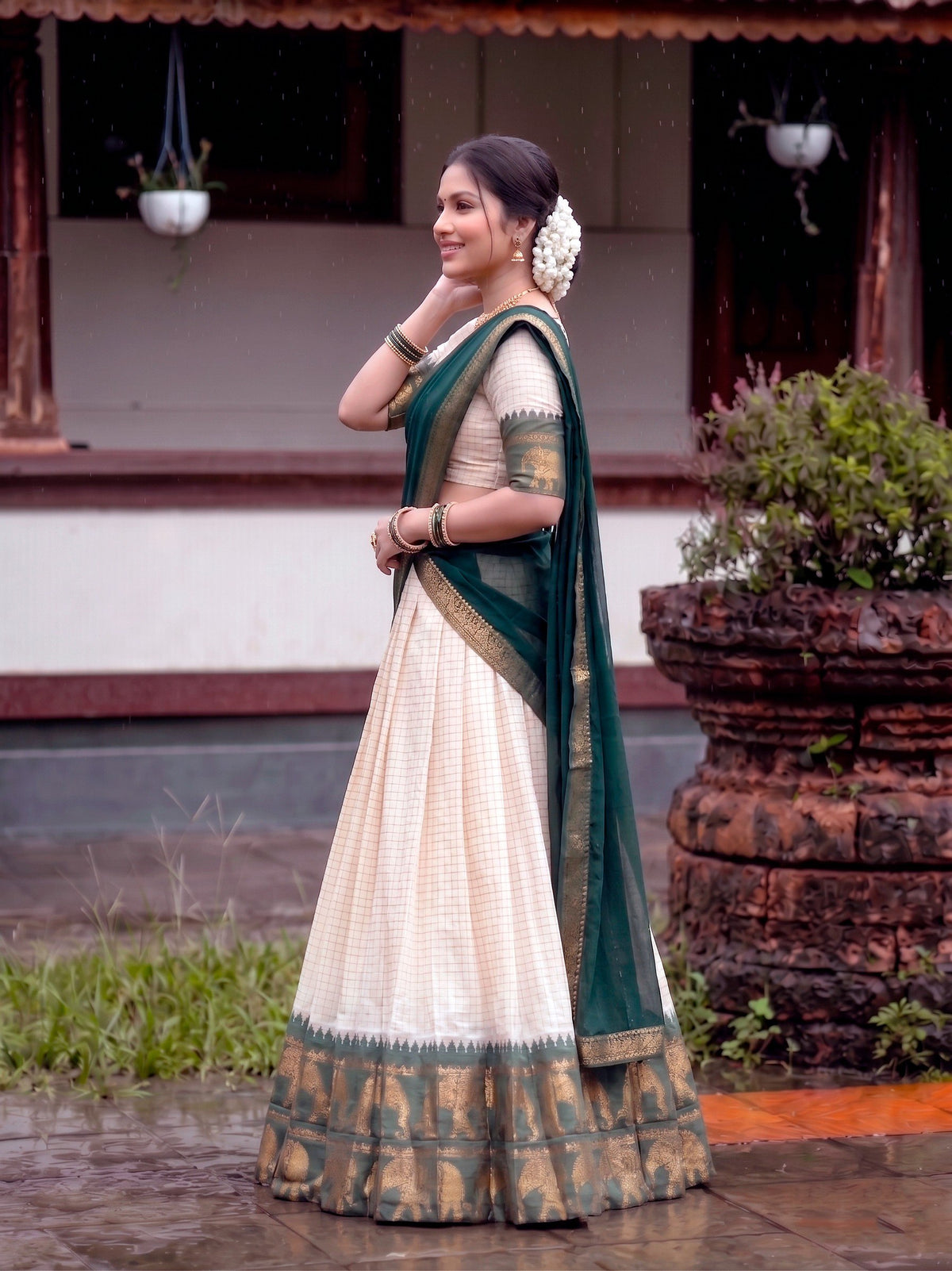 Ivory Checked Poly Cotton Half Saree Lehenga with Dark Green Dupatta