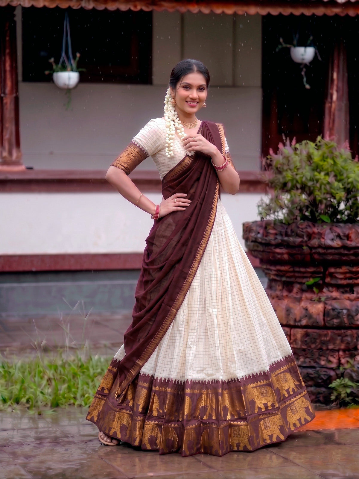 Ivory Checked Poly Cotton Half Saree Lehenga with Maroon Dupatta