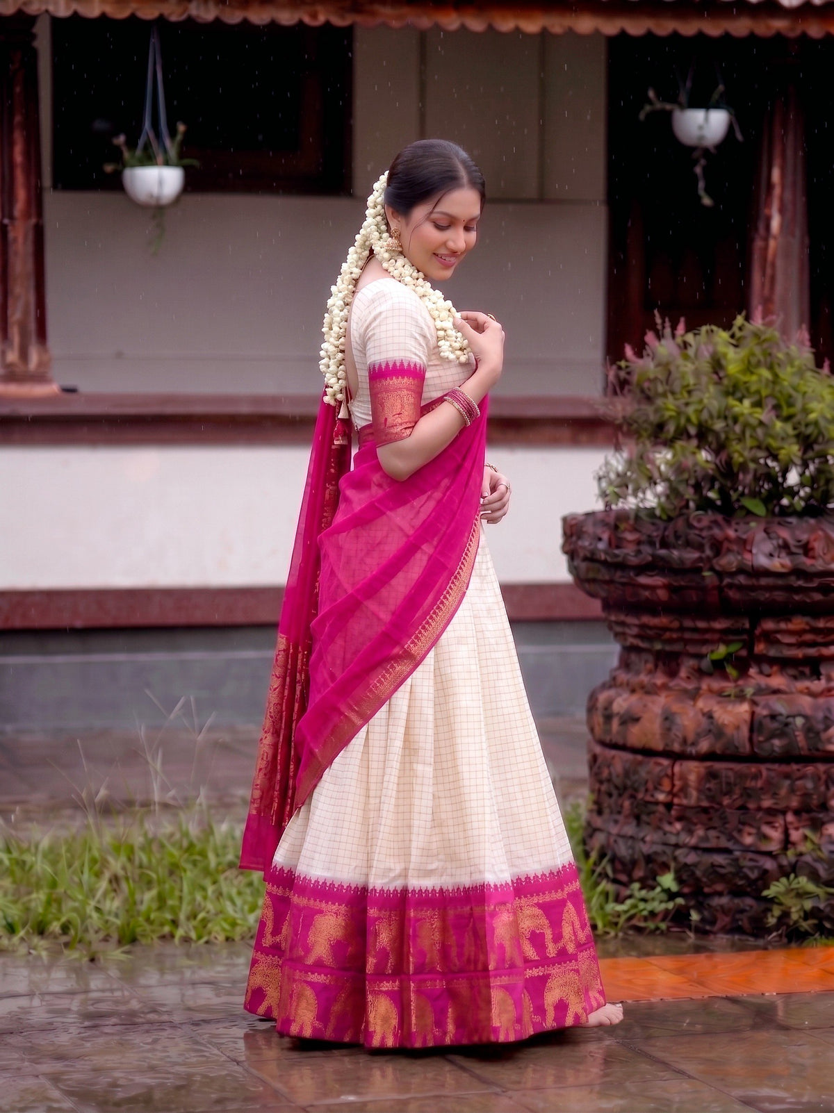 Ivory Checked Poly Cotton Half Saree Lehenga with Pink Dupatta