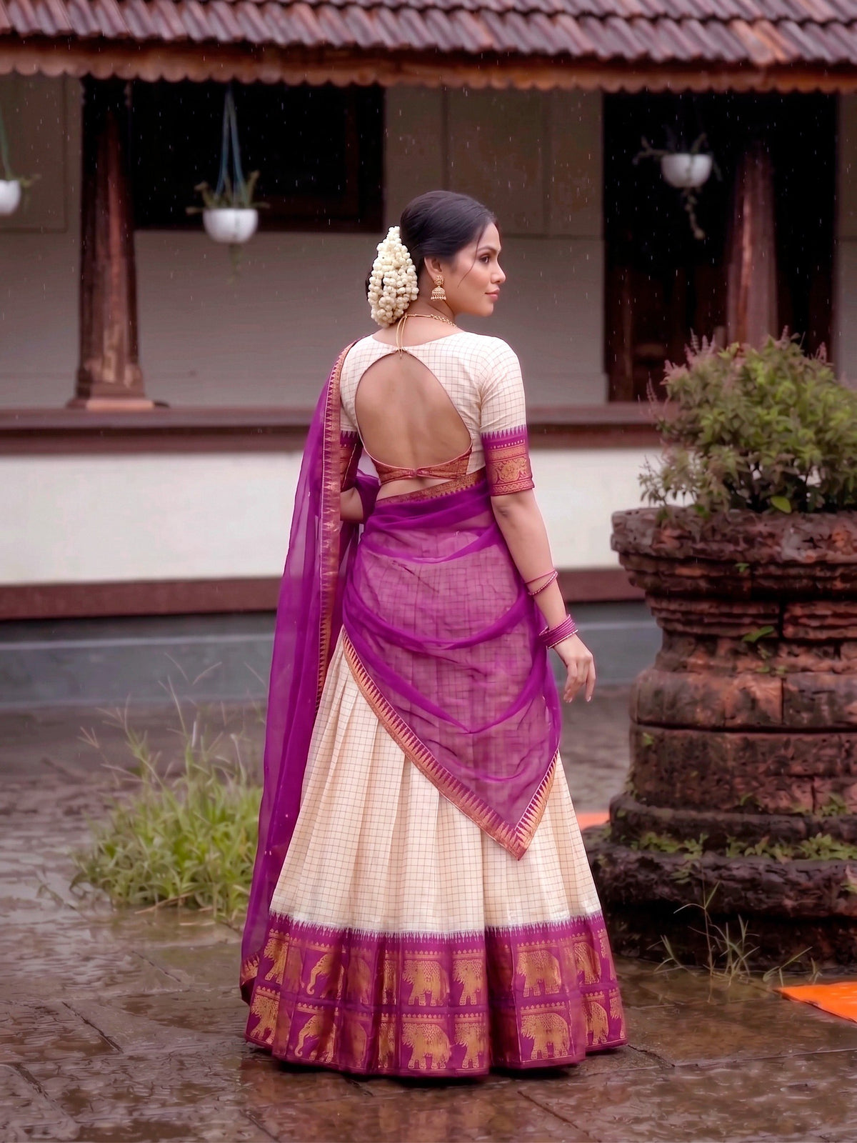 Ivory Checked Poly Cotton Half Saree Lehenga with Purple Dupatta