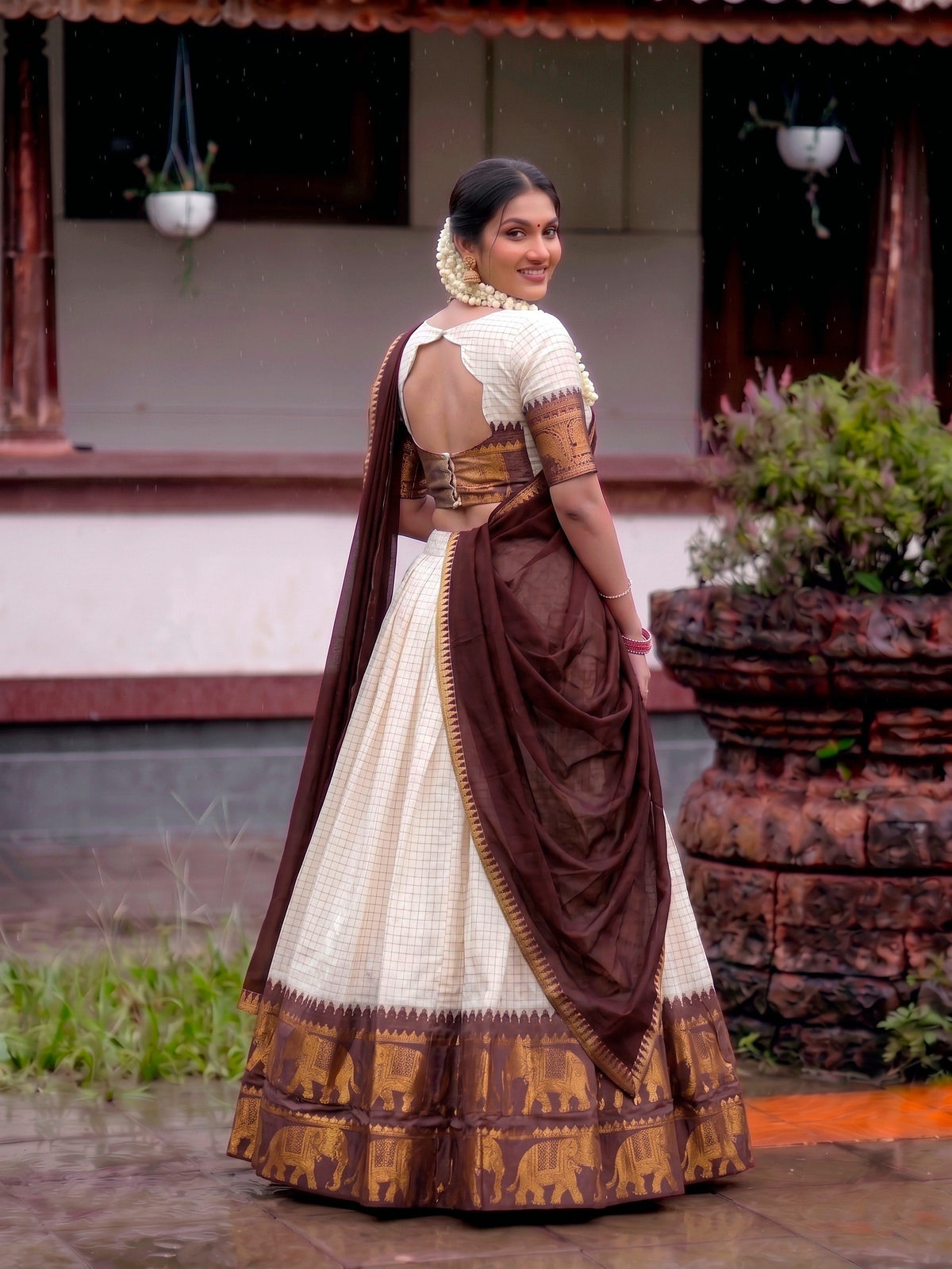 Ivory Checked Poly Cotton Half Saree Lehenga with Maroon Dupatta