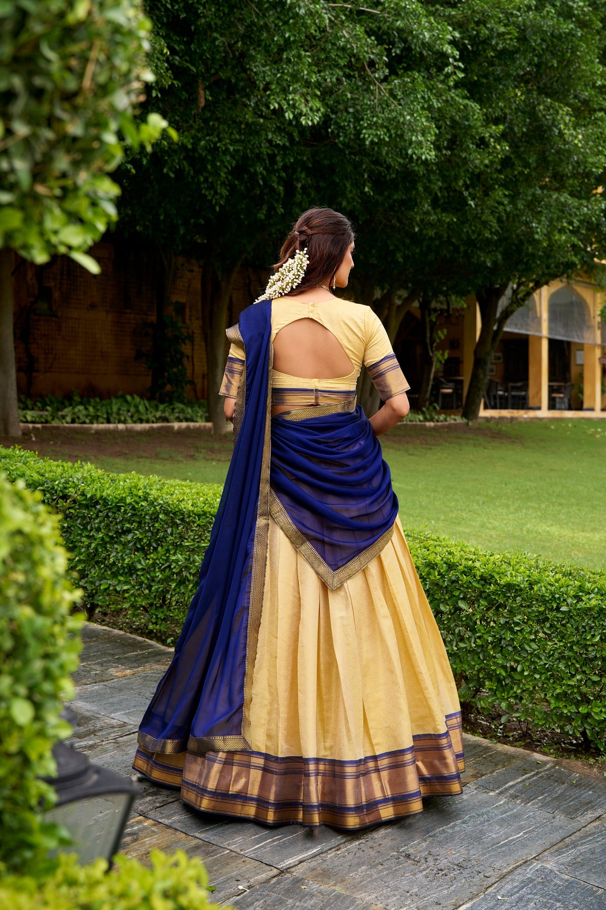Golden Beige Kanchipuram Half Saree Lehenga with Navy Dupatta
