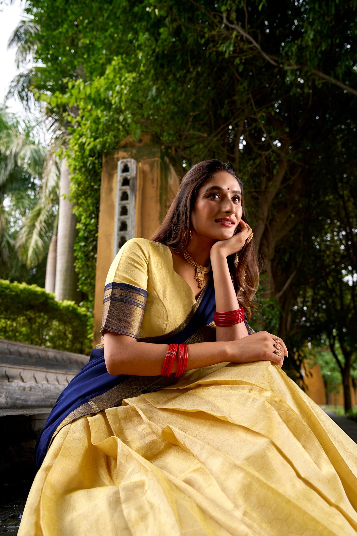 Golden Beige Kanchipuram Half Saree Lehenga with Navy Dupatta