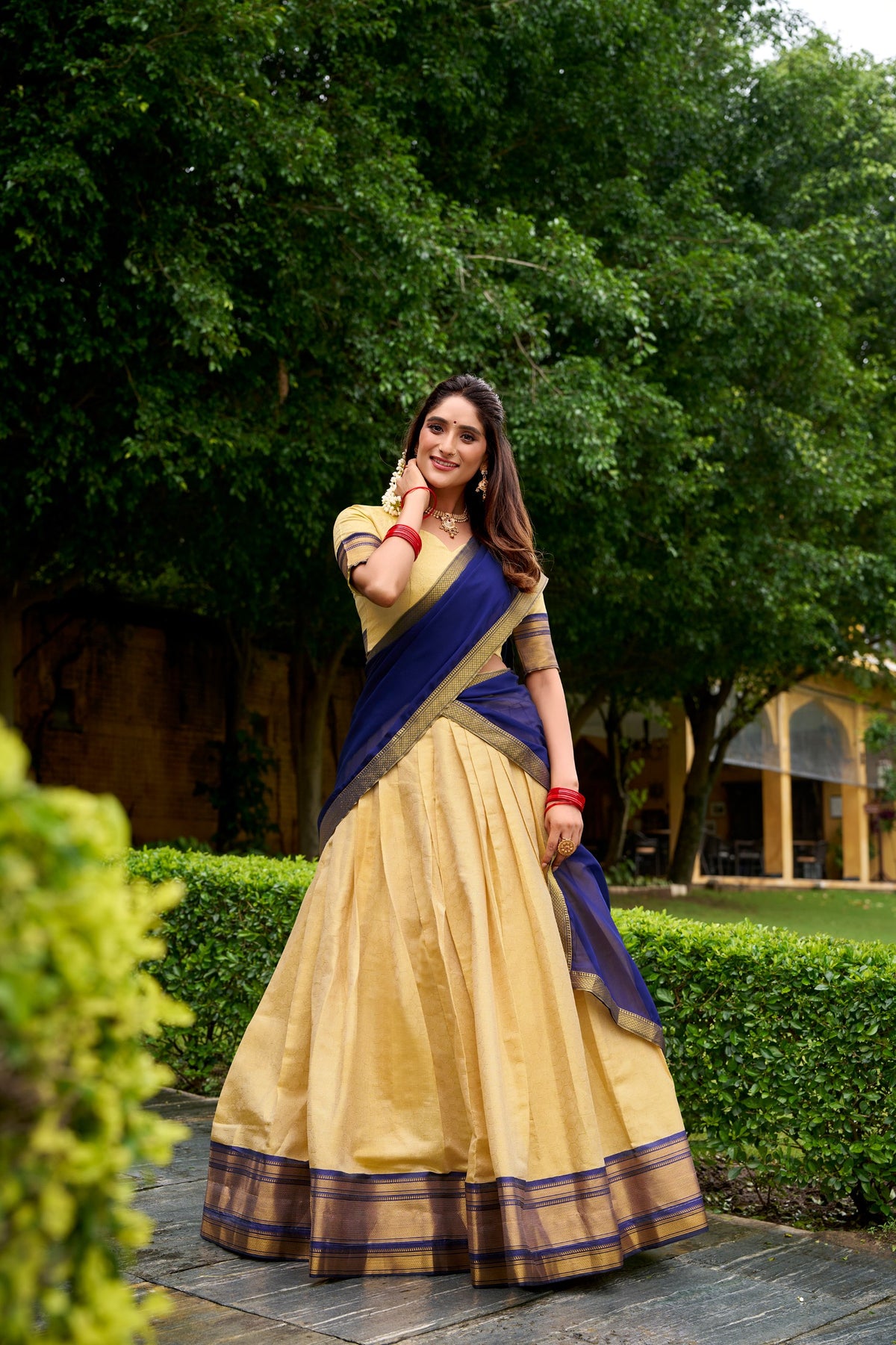 Golden Beige Kanchipuram Half Saree Lehenga with Navy Dupatta