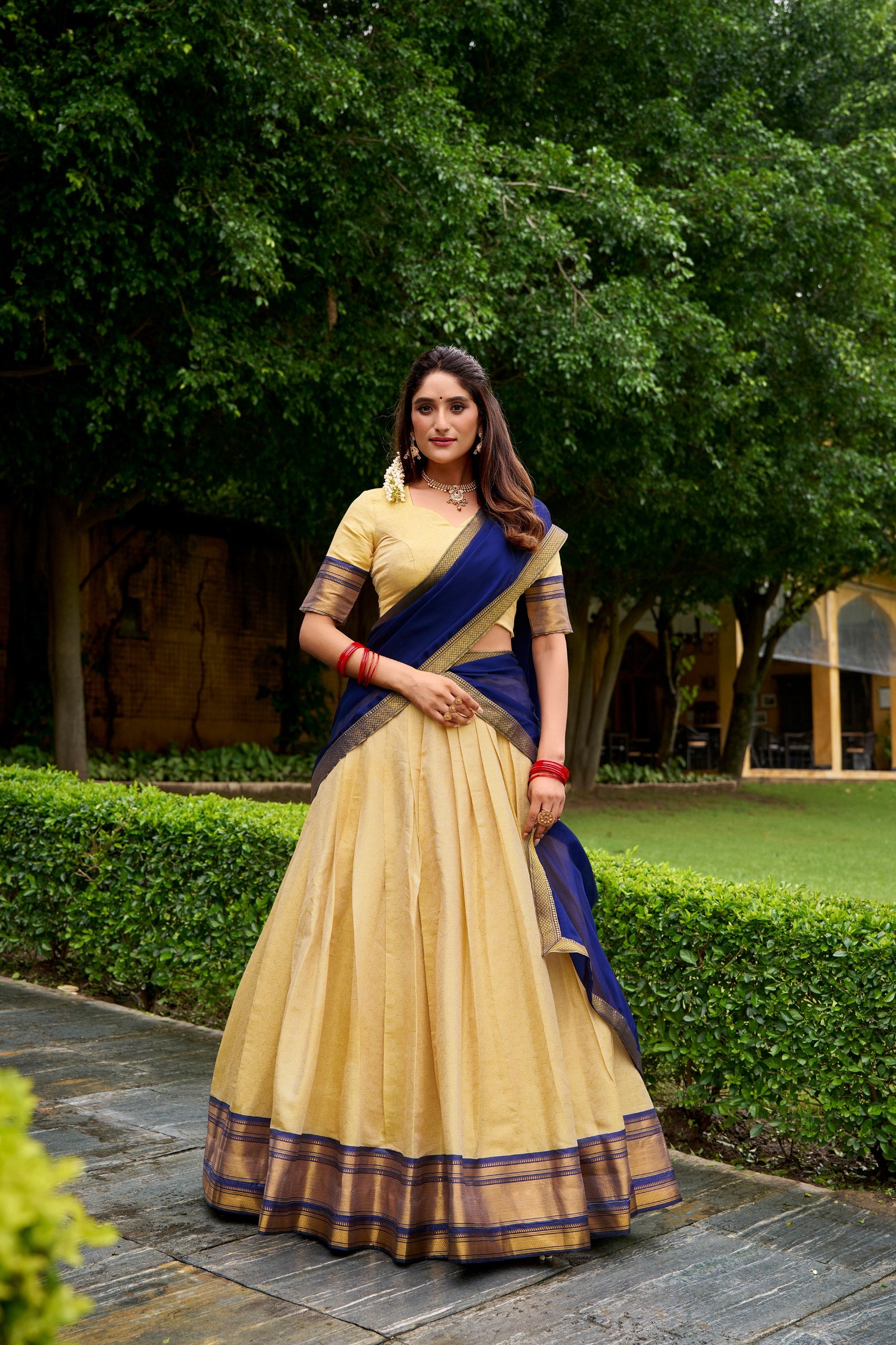 Golden Beige Kanchipuram Half Saree Lehenga with Navy Dupatta