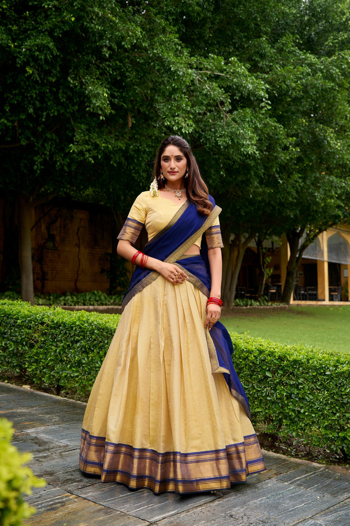 Golden Beige Kanchipuram Half Saree Lehenga with Navy Dupatta