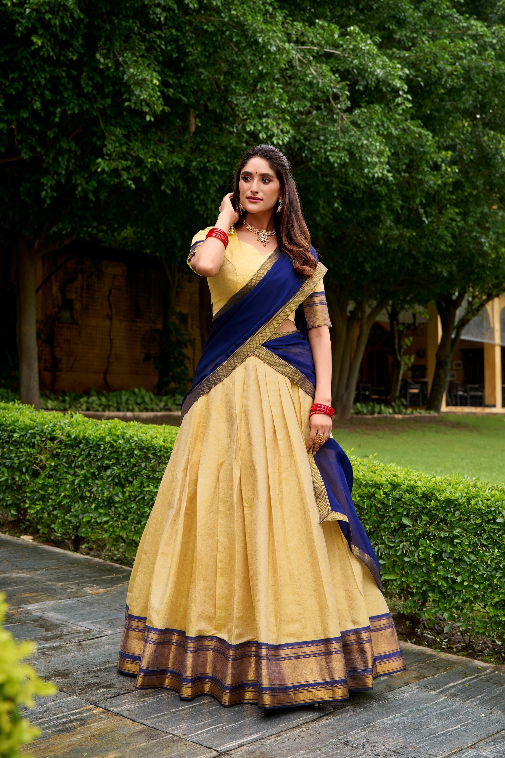 Golden Beige Kanchipuram Half Saree Lehenga with Navy Dupatta