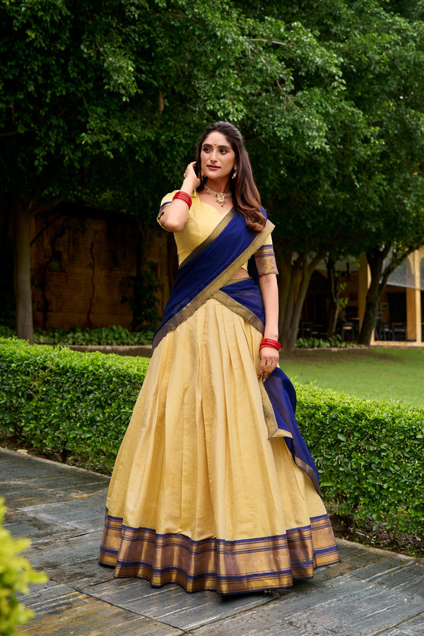 Golden Beige Kanchipuram Half Saree Lehenga with Navy Dupatta