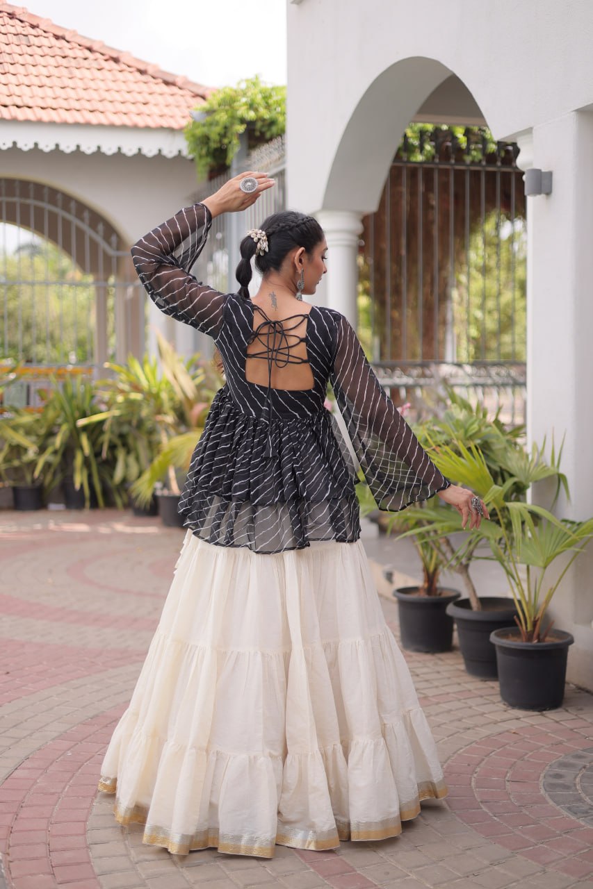 Black Laheriya Kutchi Work Top with Kora Cotton Lehenga