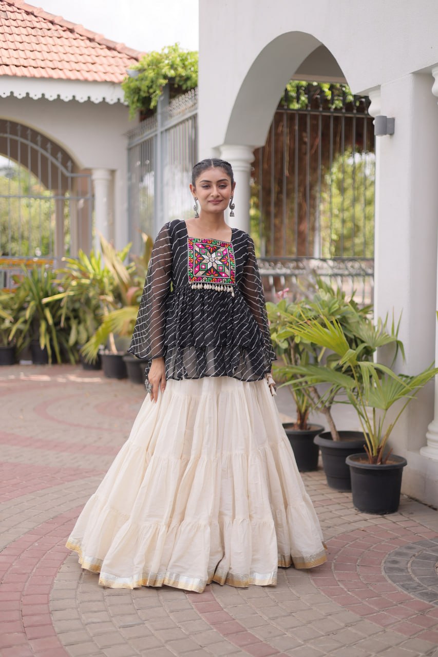 Black Laheriya Kutchi Work Top with Kora Cotton Lehenga