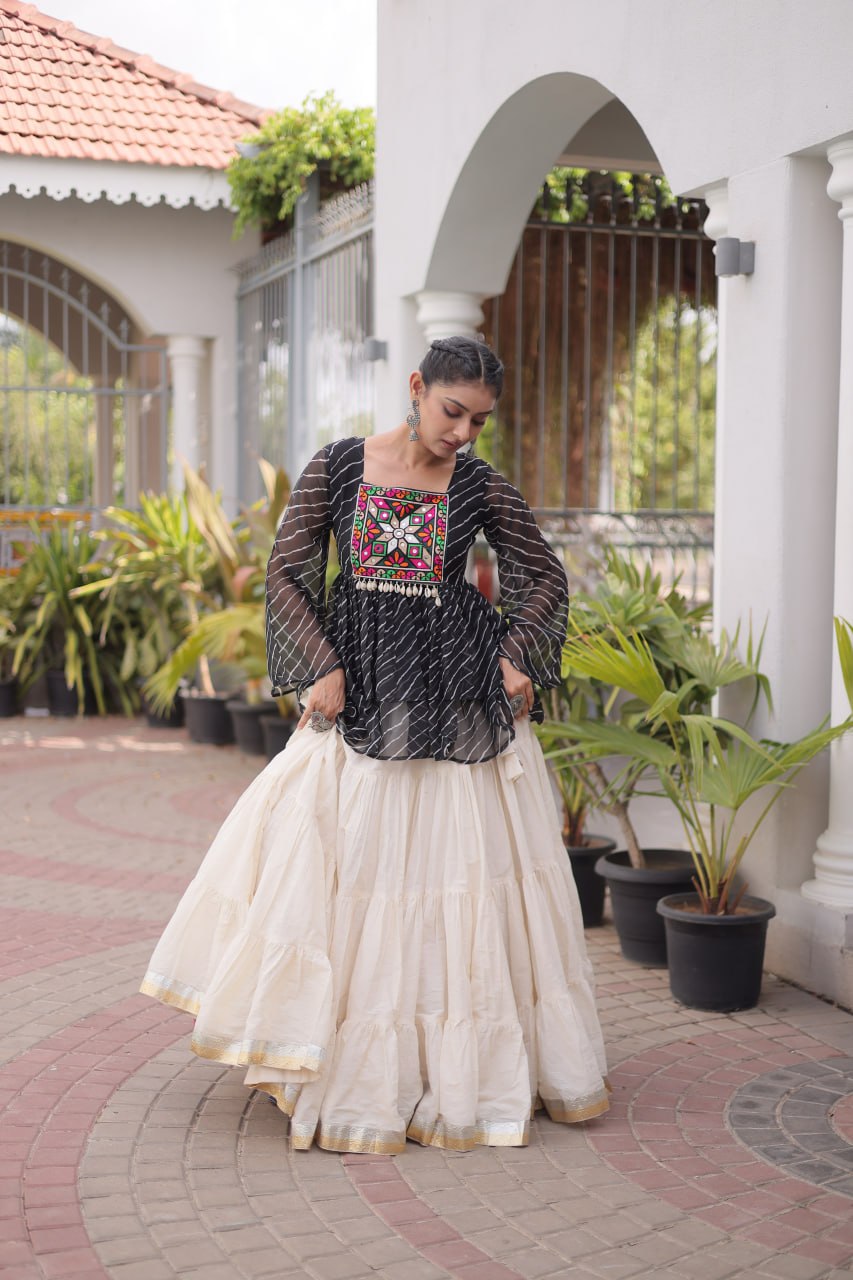 Black Laheriya Kutchi Work Top with Kora Cotton Lehenga