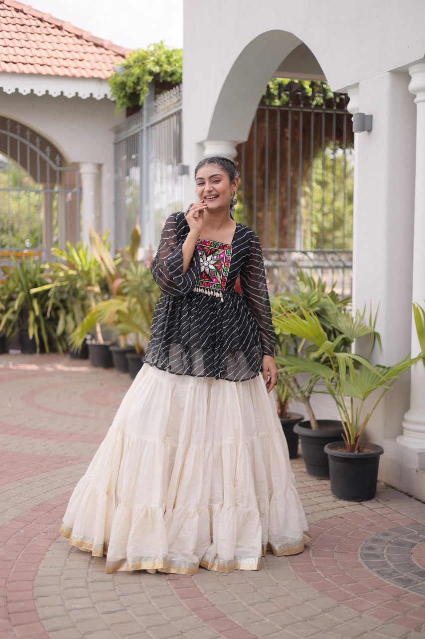 Black Laheriya Kutchi Work Top with Kora Cotton Lehenga
