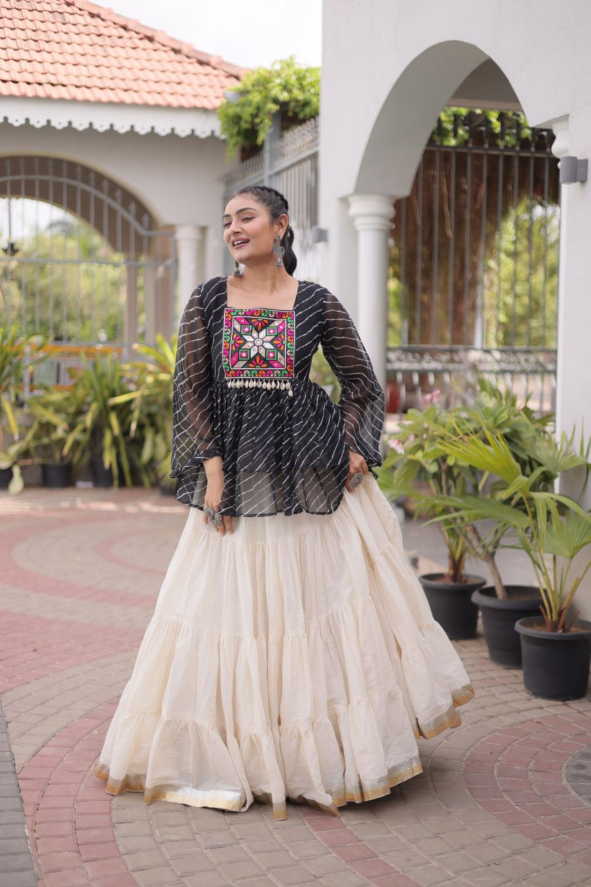 Black Laheriya Kutchi Work Top with Kora Cotton Lehenga