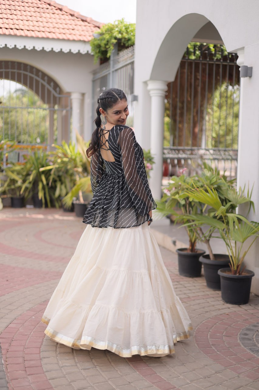 Black Laheriya Kutchi Work Top with Kora Cotton Lehenga