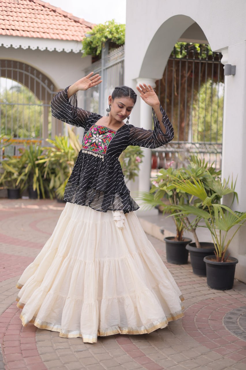 Black Laheriya Kutchi Work Top with Kora Cotton Lehenga