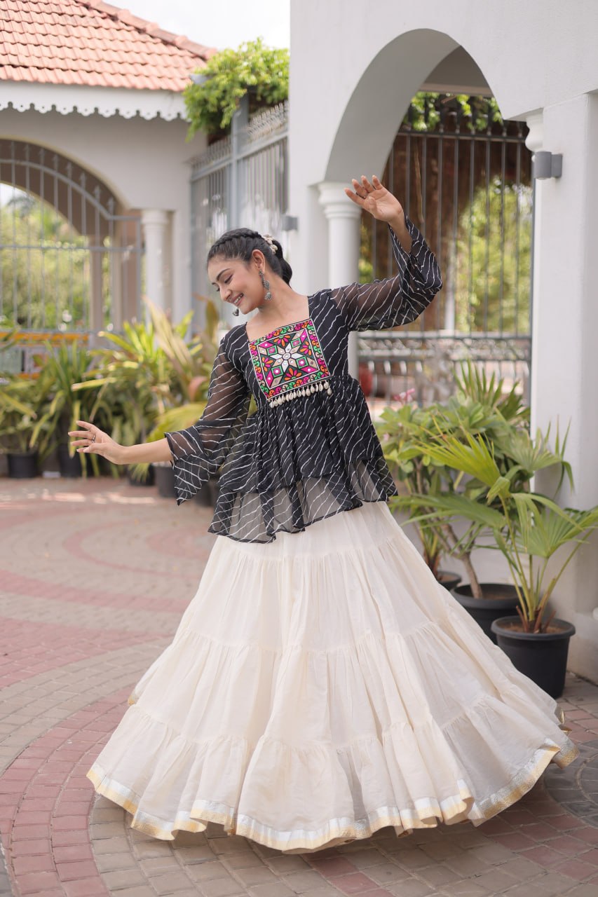 Black Laheriya Kutchi Work Top with Kora Cotton Lehenga