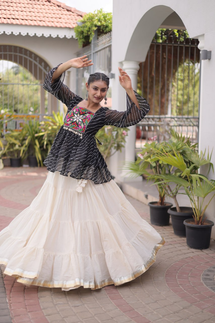 Black Laheriya Kutchi Work Top with Kora Cotton Lehenga