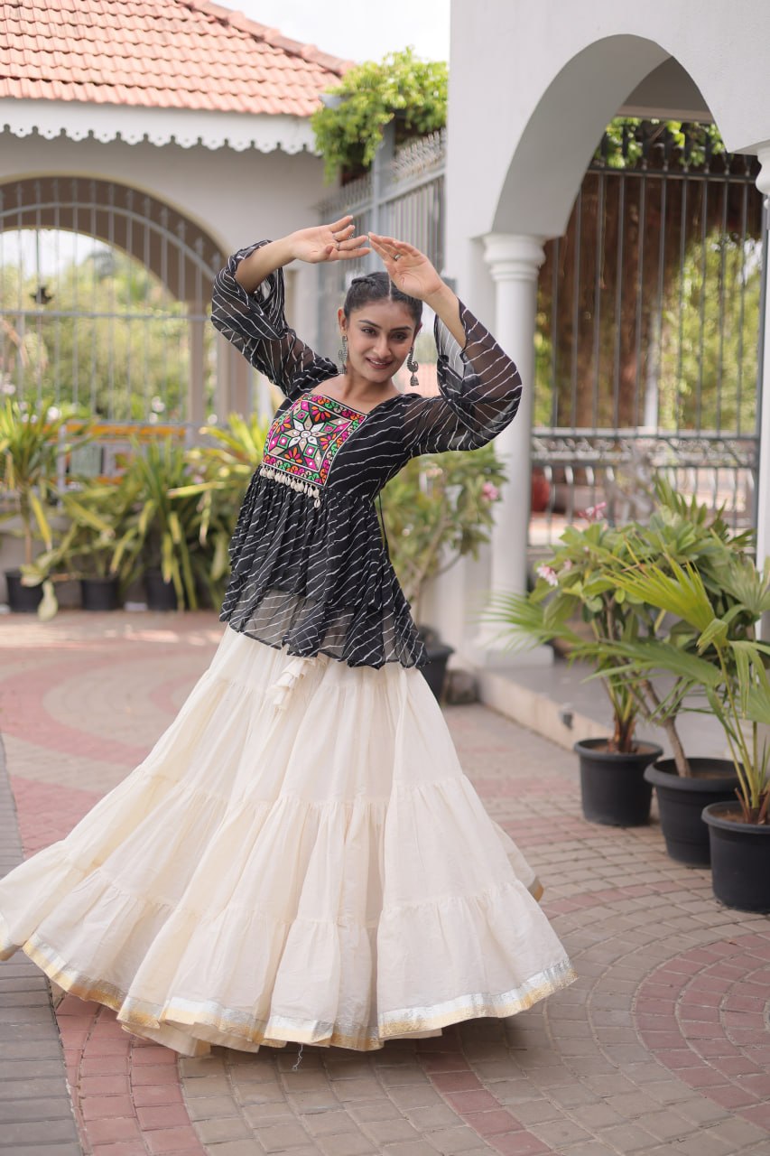Black Laheriya Kutchi Work Top with Kora Cotton Lehenga