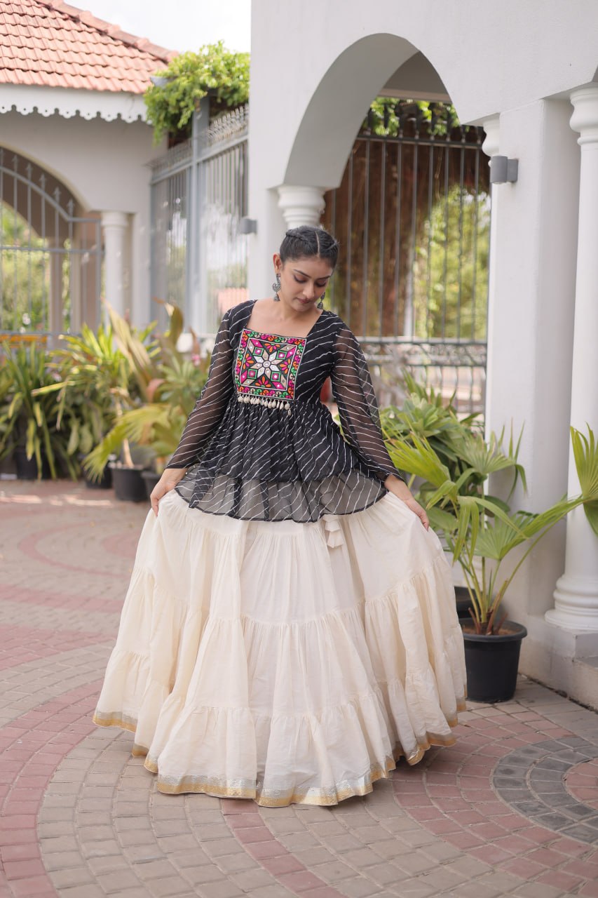 Black Laheriya Kutchi Work Top with Kora Cotton Lehenga