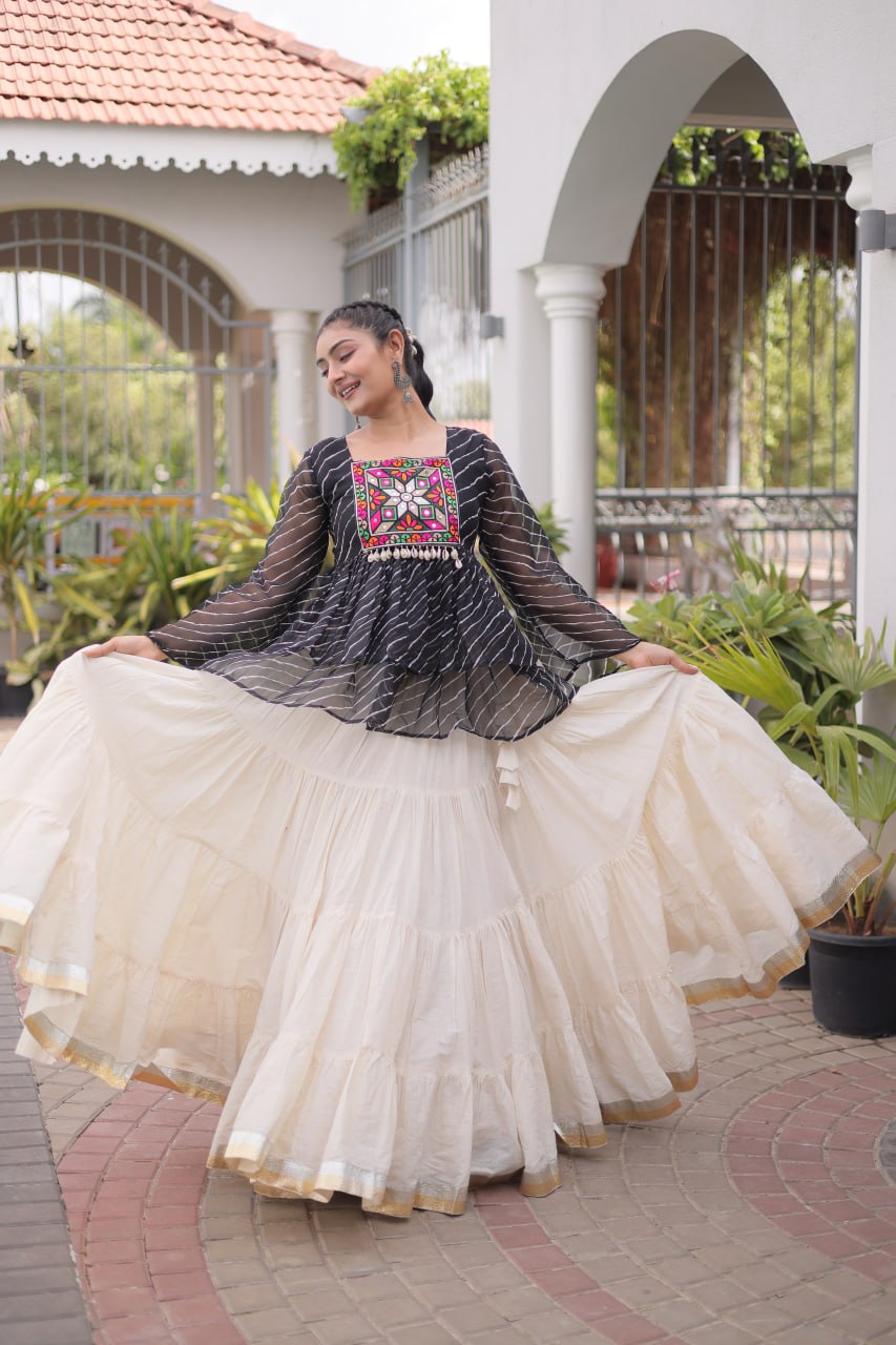 Black Laheriya Kutchi Work Top with Kora Cotton Lehenga