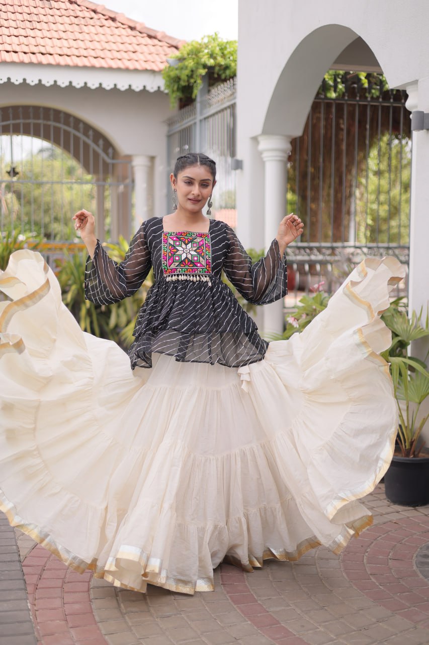 Black Laheriya Kutchi Work Top with Kora Cotton Lehenga