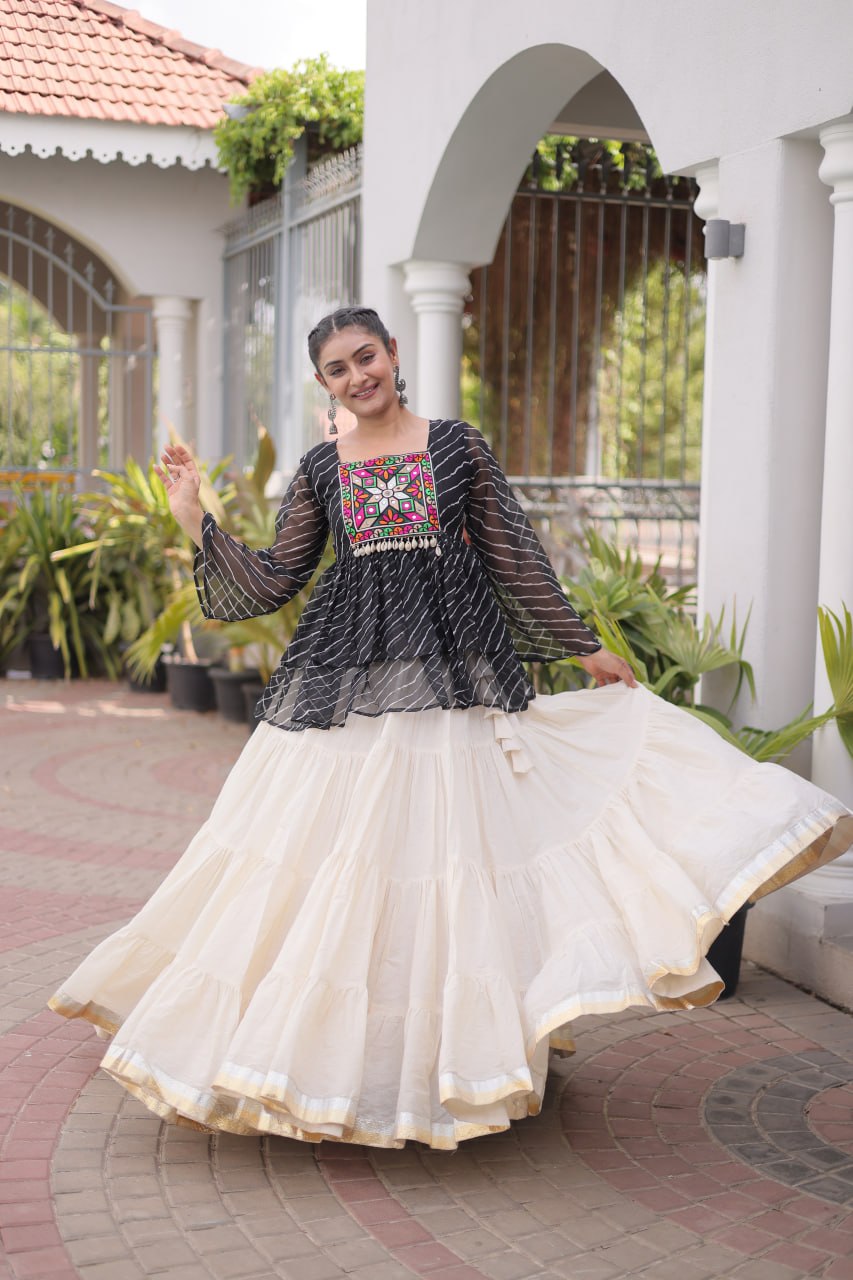 Black Laheriya Kutchi Work Top with Kora Cotton Lehenga