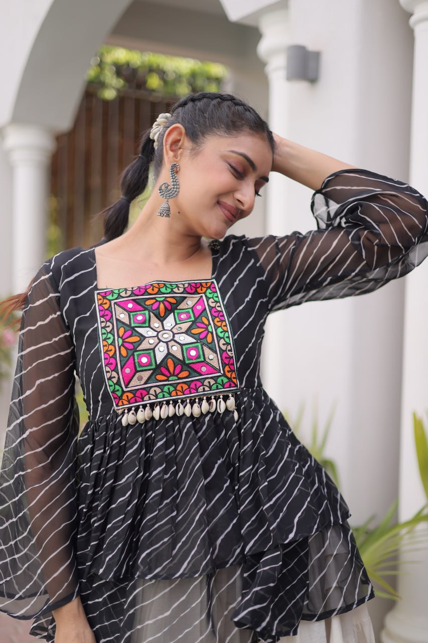 Black Laheriya Kutchi Work Top with Kora Cotton Lehenga