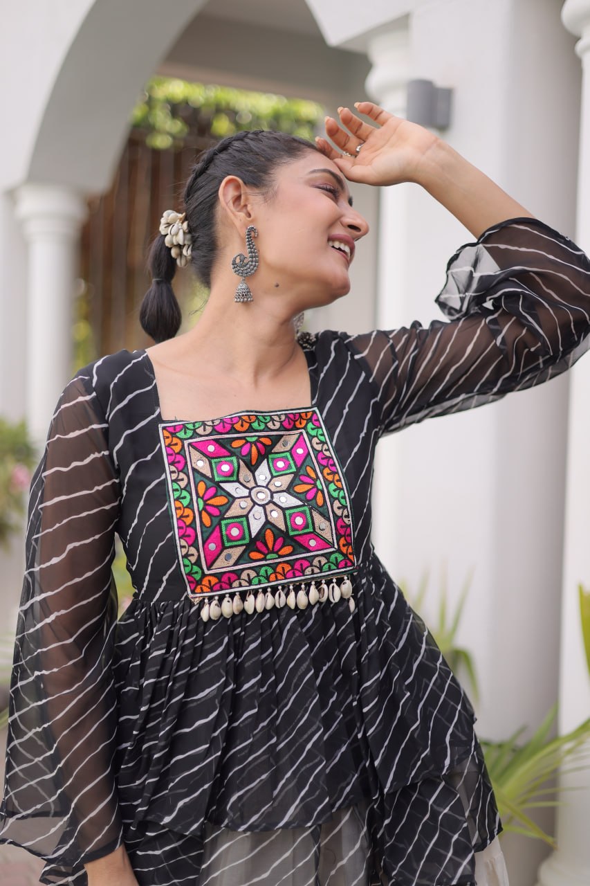 Black Laheriya Kutchi Work Top with Kora Cotton Lehenga