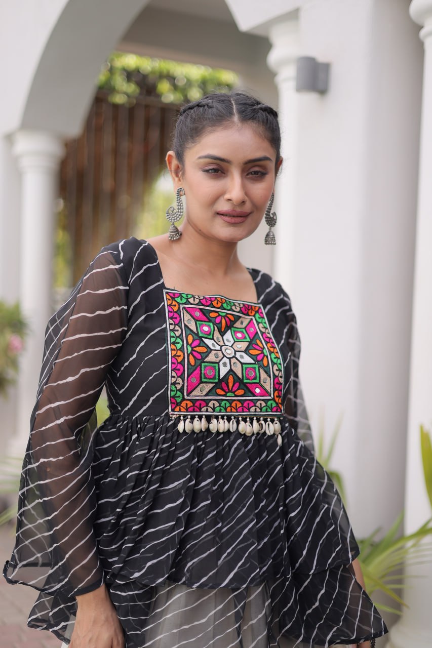 Black Laheriya Kutchi Work Top with Kora Cotton Lehenga