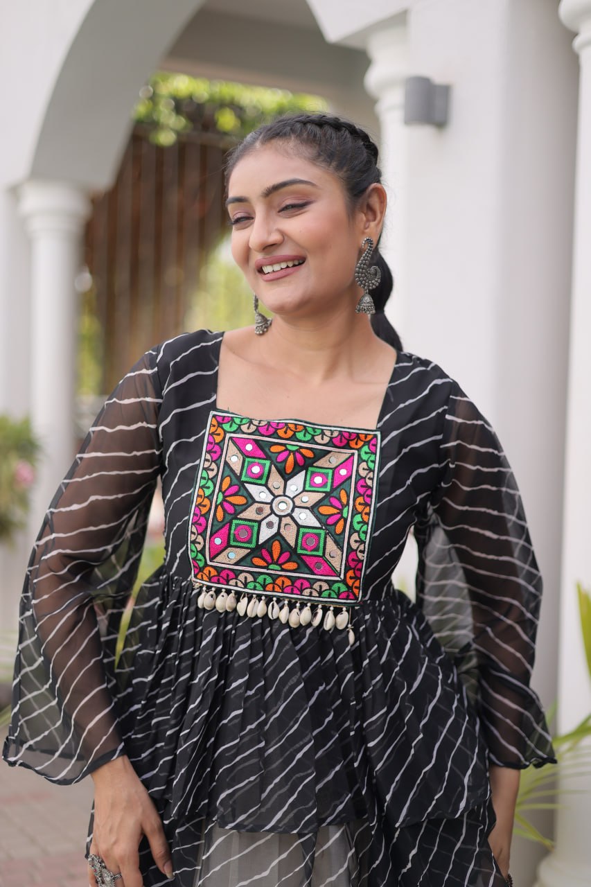 Black Laheriya Kutchi Work Top with Kora Cotton Lehenga