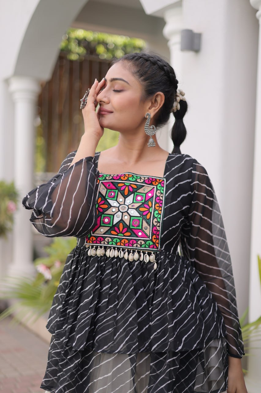 Black Laheriya Kutchi Work Top with Kora Cotton Lehenga