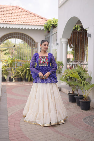 Blue Laheriya Kutchi Work Top with Kora Cotton Lehenga