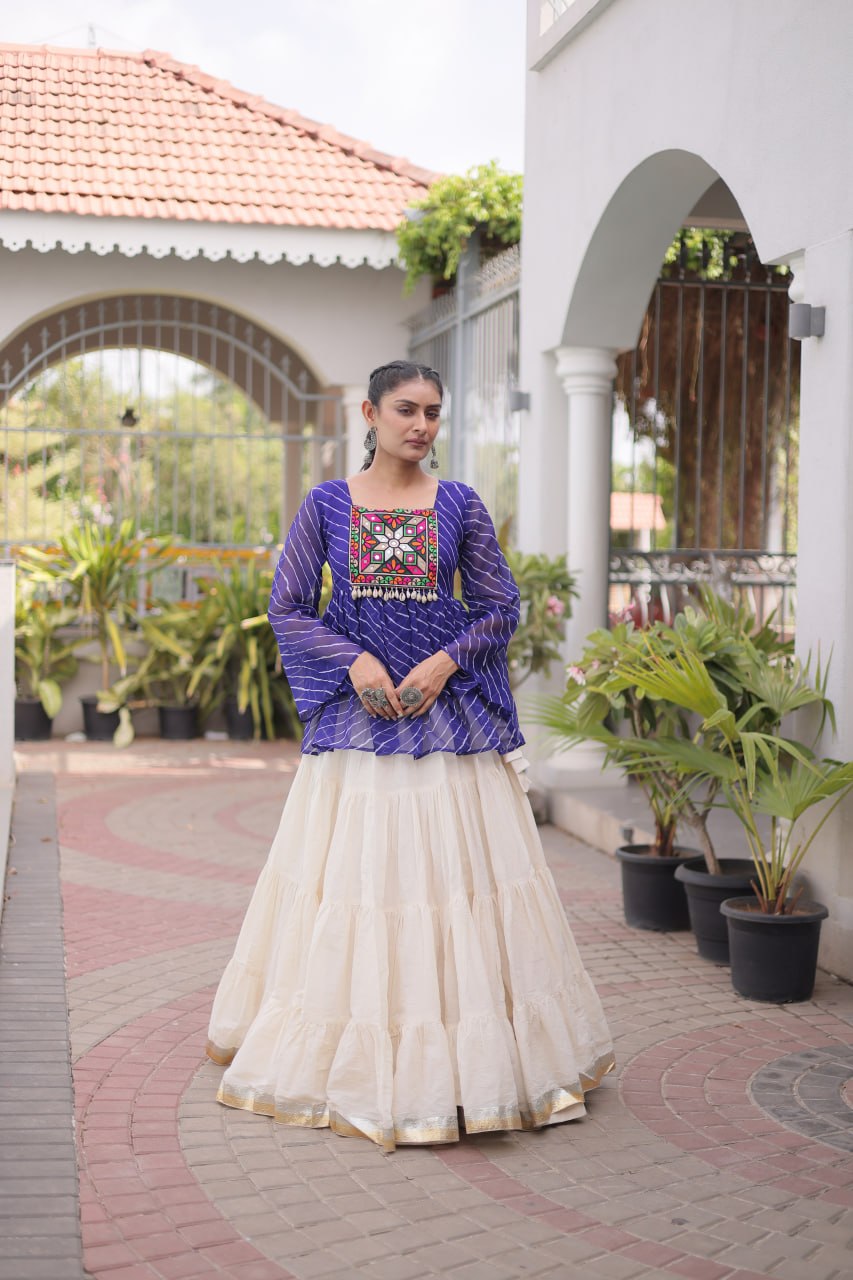 Blue Laheriya Kutchi Work Top with Kora Cotton Lehenga
