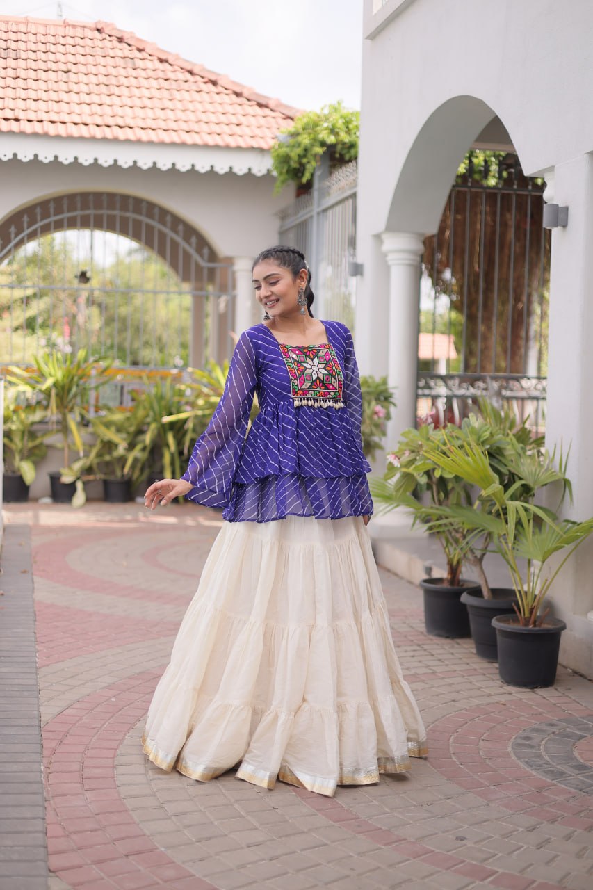 Blue Laheriya Kutchi Work Top with Kora Cotton Lehenga