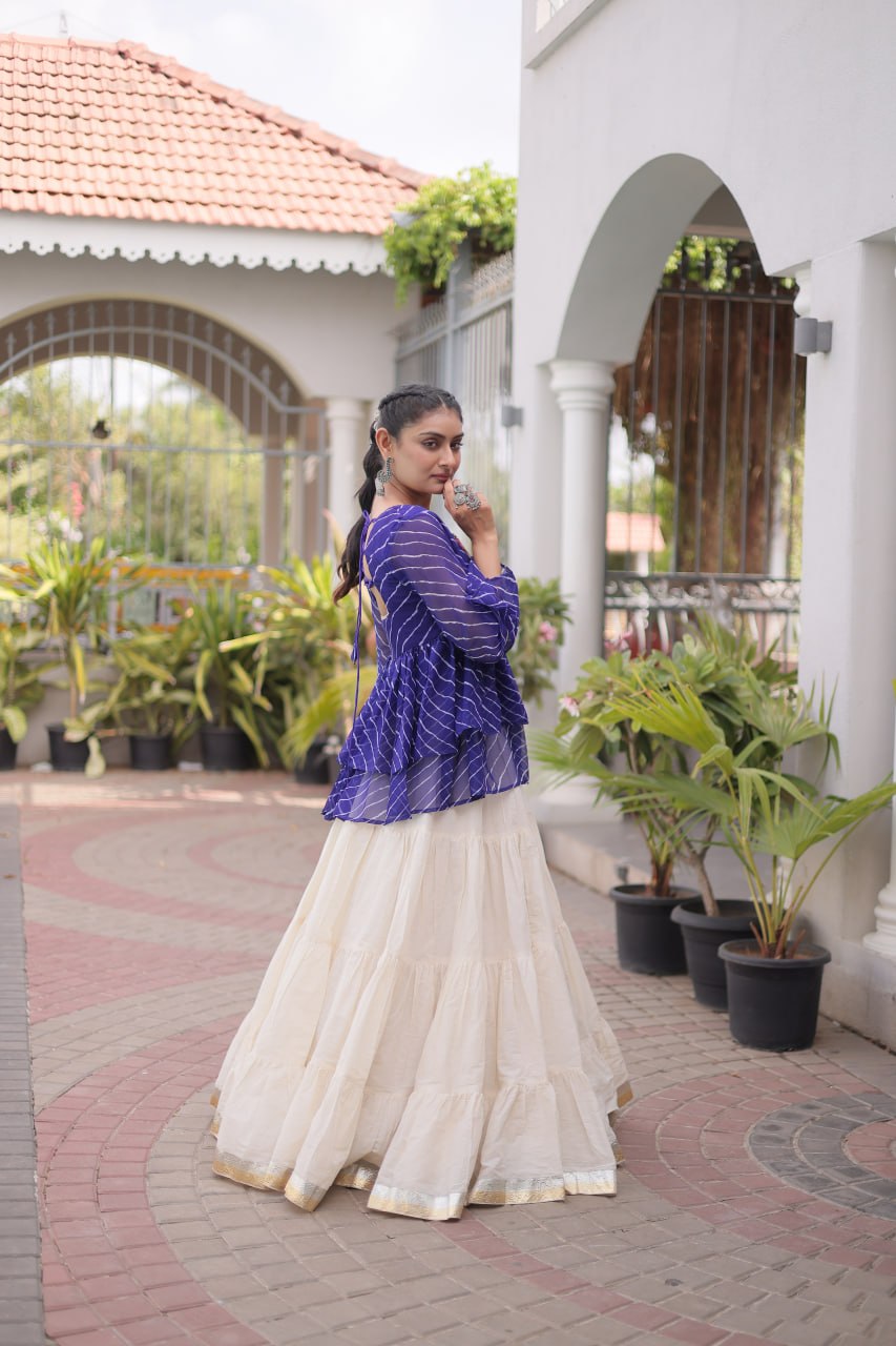 Blue Laheriya Kutchi Work Top with Kora Cotton Lehenga