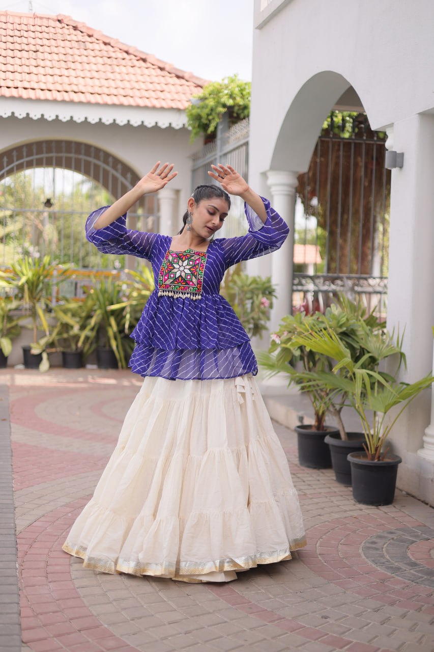 Blue Laheriya Kutchi Work Top with Kora Cotton Lehenga