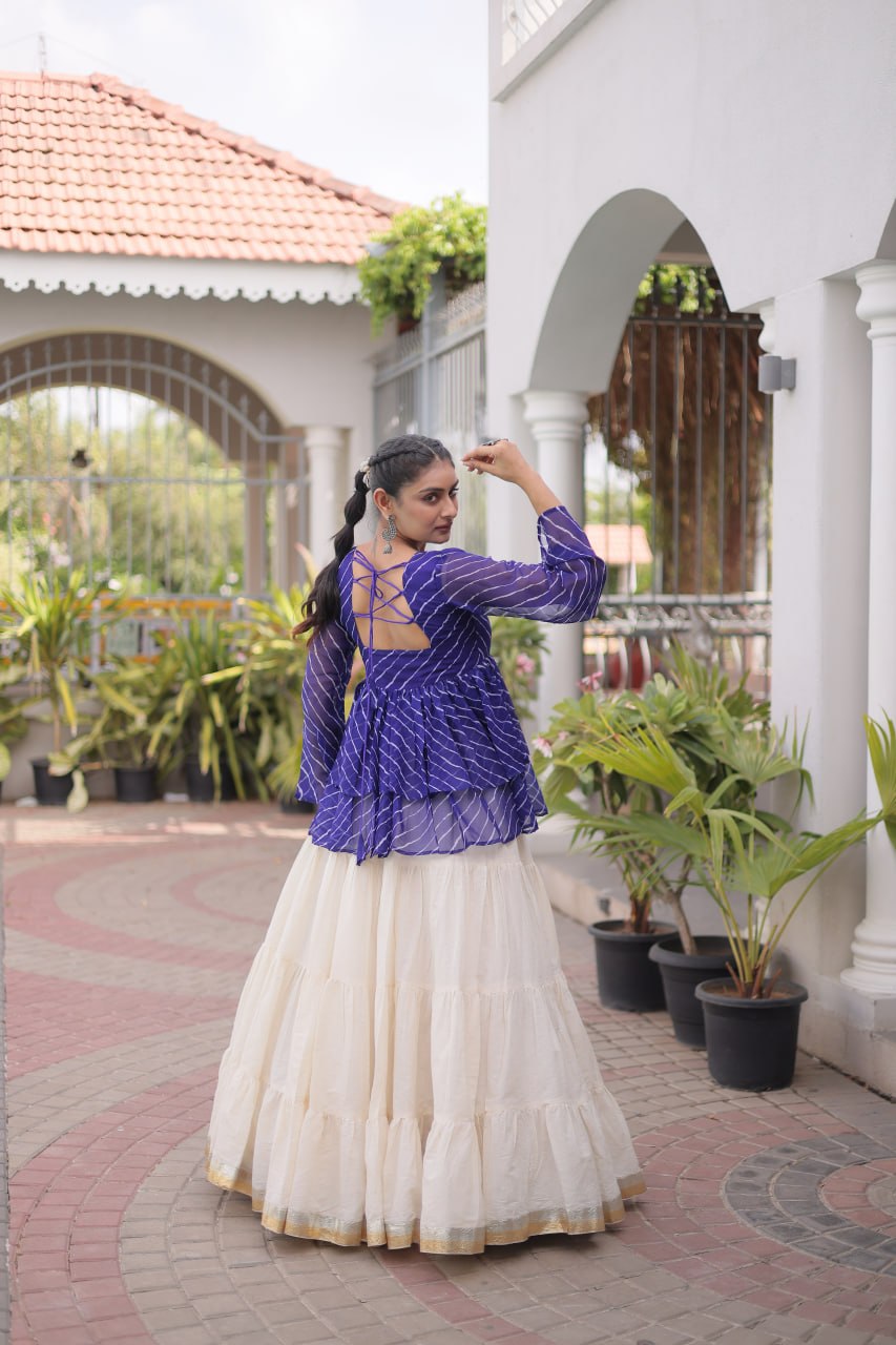 Blue Laheriya Kutchi Work Top with Kora Cotton Lehenga