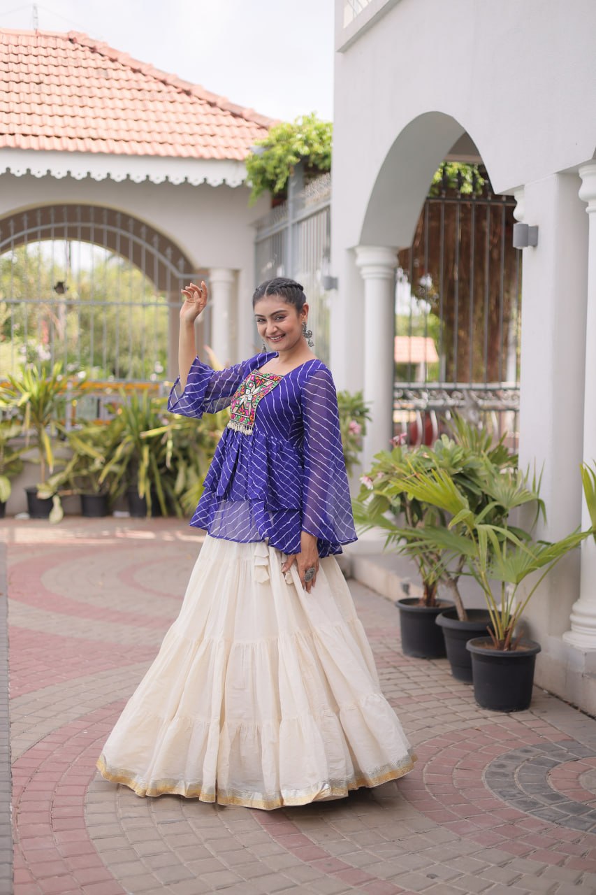 Blue Laheriya Kutchi Work Top with Kora Cotton Lehenga