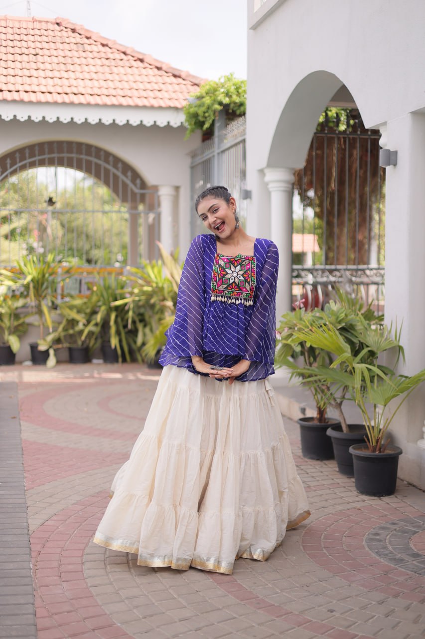 Blue Laheriya Kutchi Work Top with Kora Cotton Lehenga