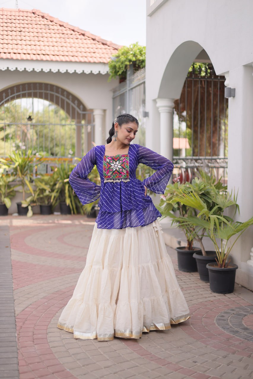 Blue Laheriya Kutchi Work Top with Kora Cotton Lehenga