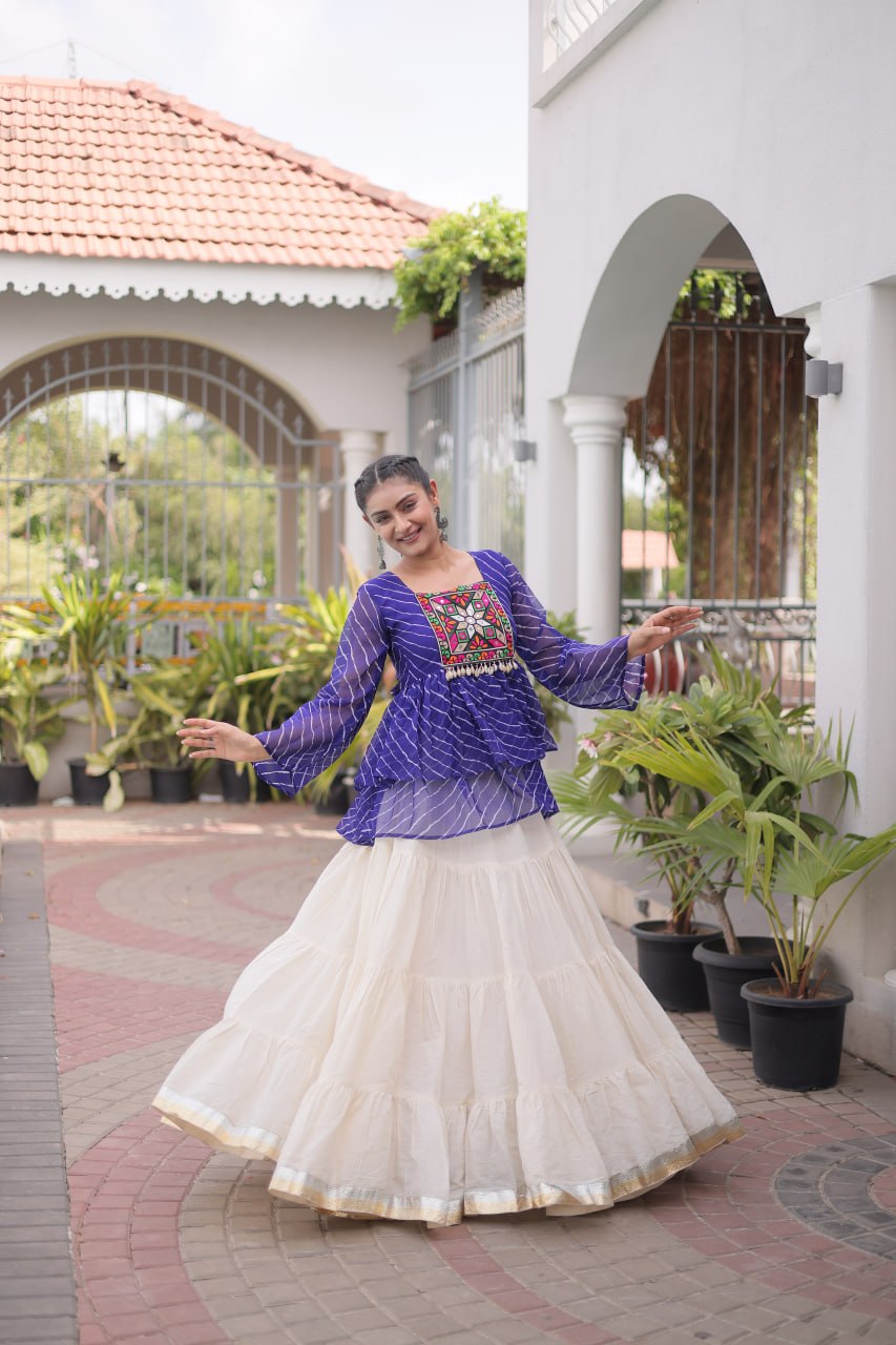 Blue Laheriya Kutchi Work Top with Kora Cotton Lehenga