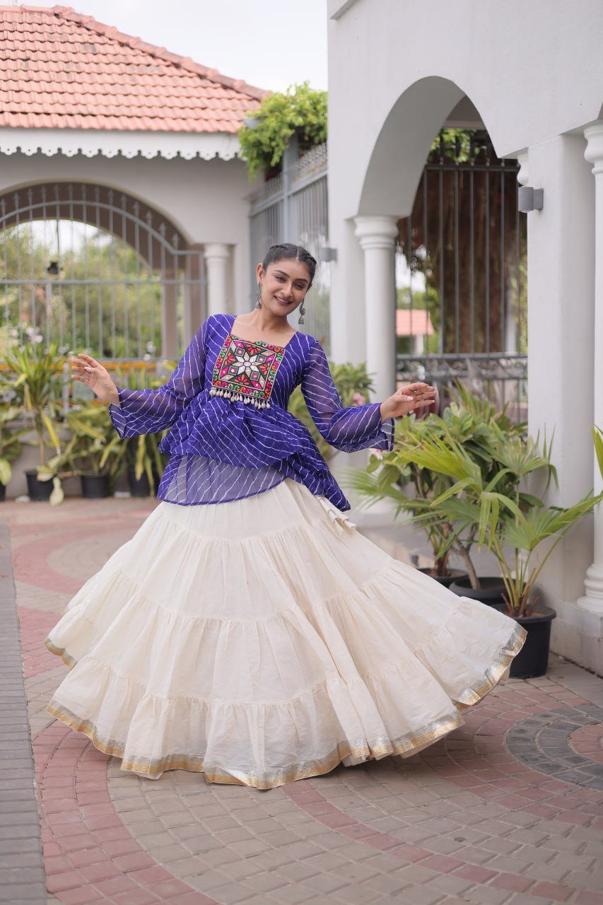Blue Laheriya Kutchi Work Top with Kora Cotton Lehenga