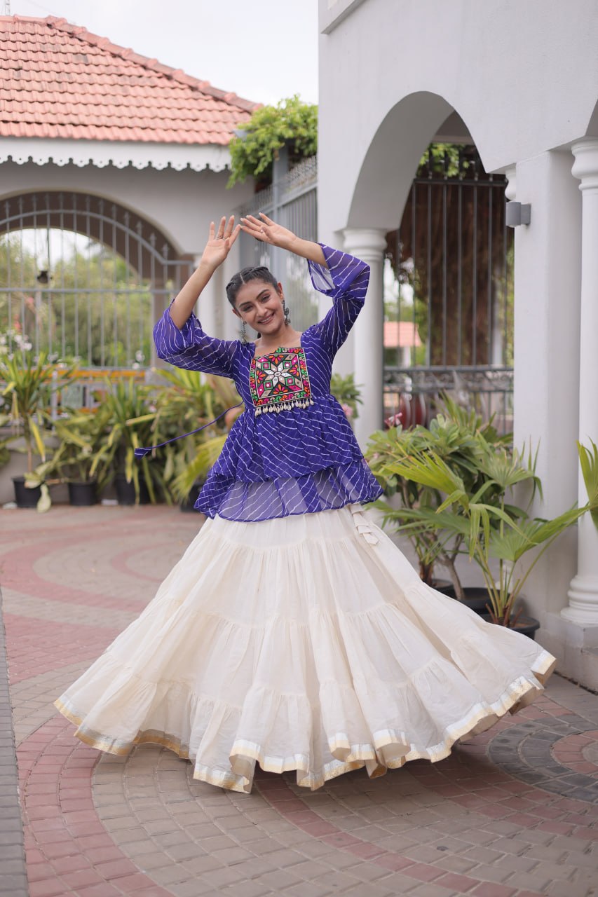 Blue Laheriya Kutchi Work Top with Kora Cotton Lehenga