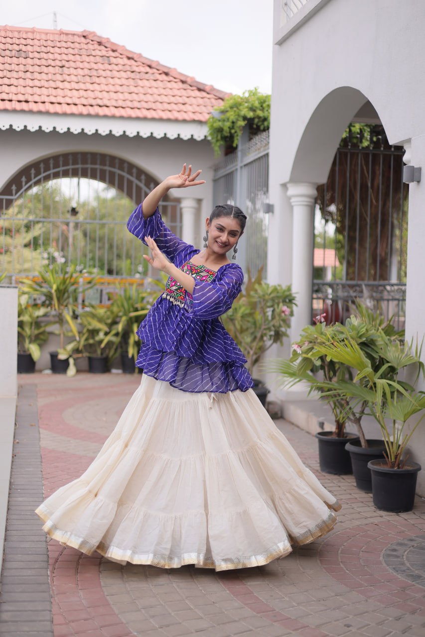 Blue Laheriya Kutchi Work Top with Kora Cotton Lehenga