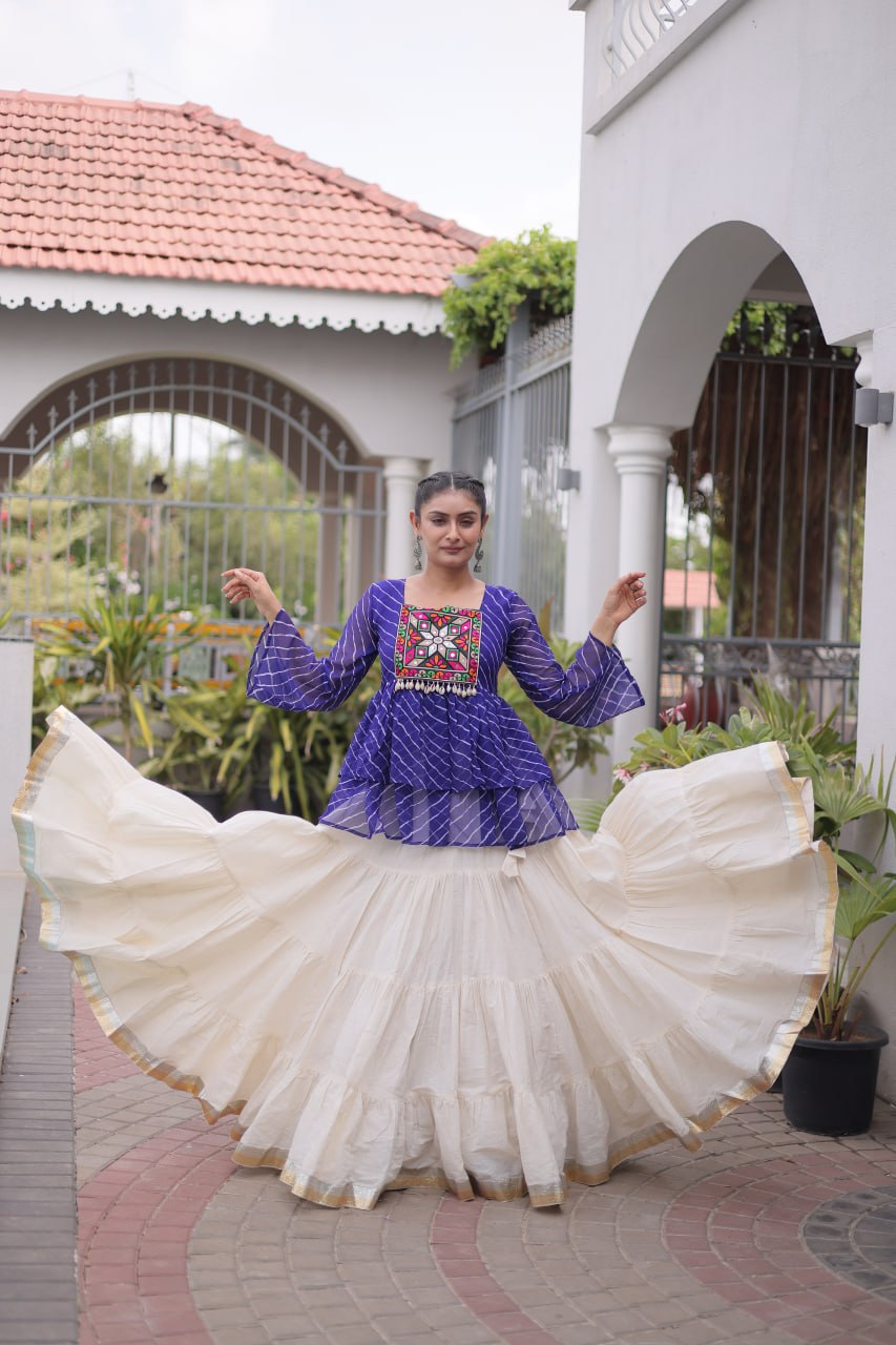 Blue Laheriya Kutchi Work Top with Kora Cotton Lehenga