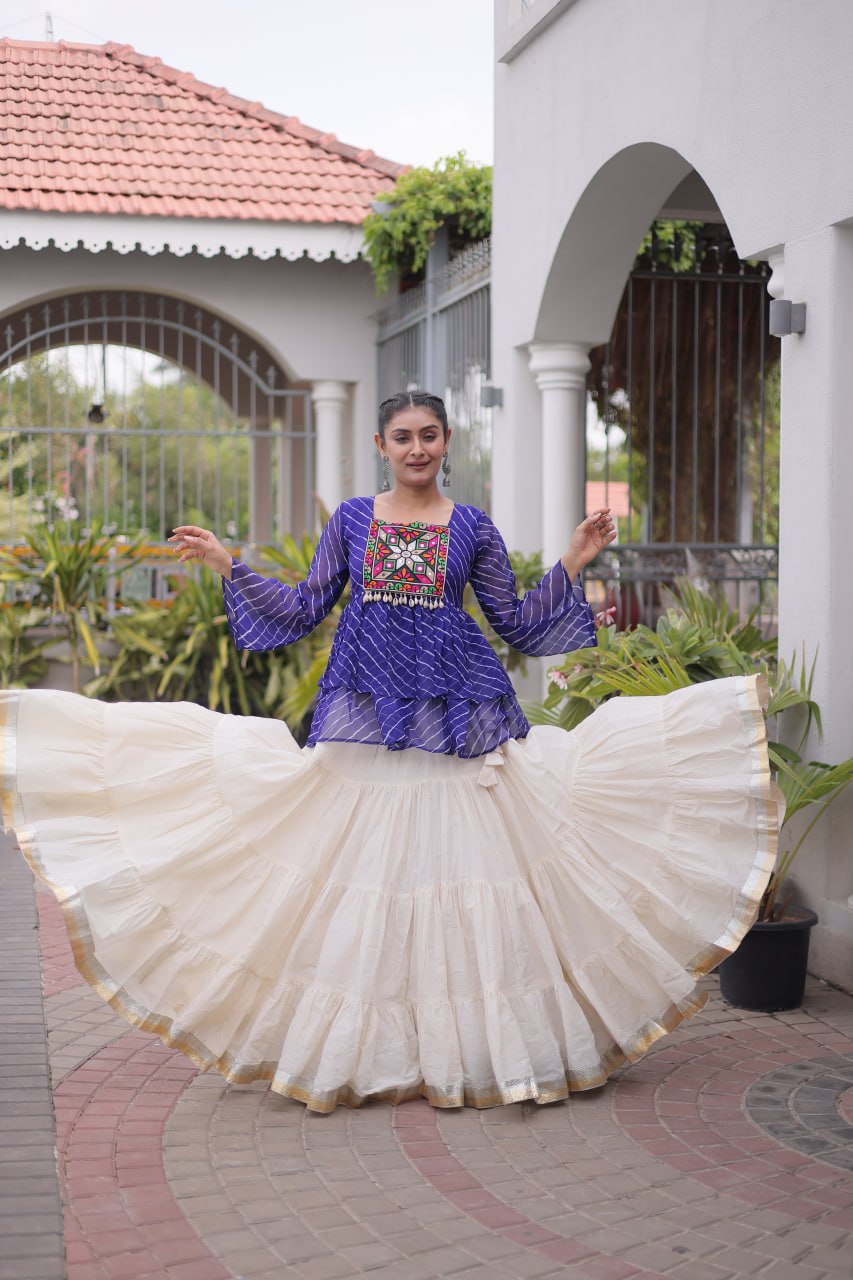 Blue Laheriya Kutchi Work Top with Kora Cotton Lehenga