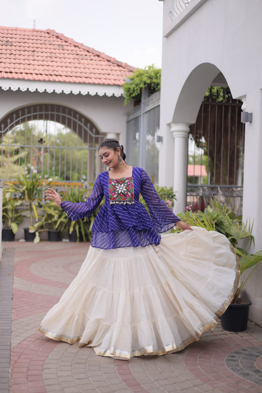 Blue Laheriya Kutchi Work Top with Kora Cotton Lehenga