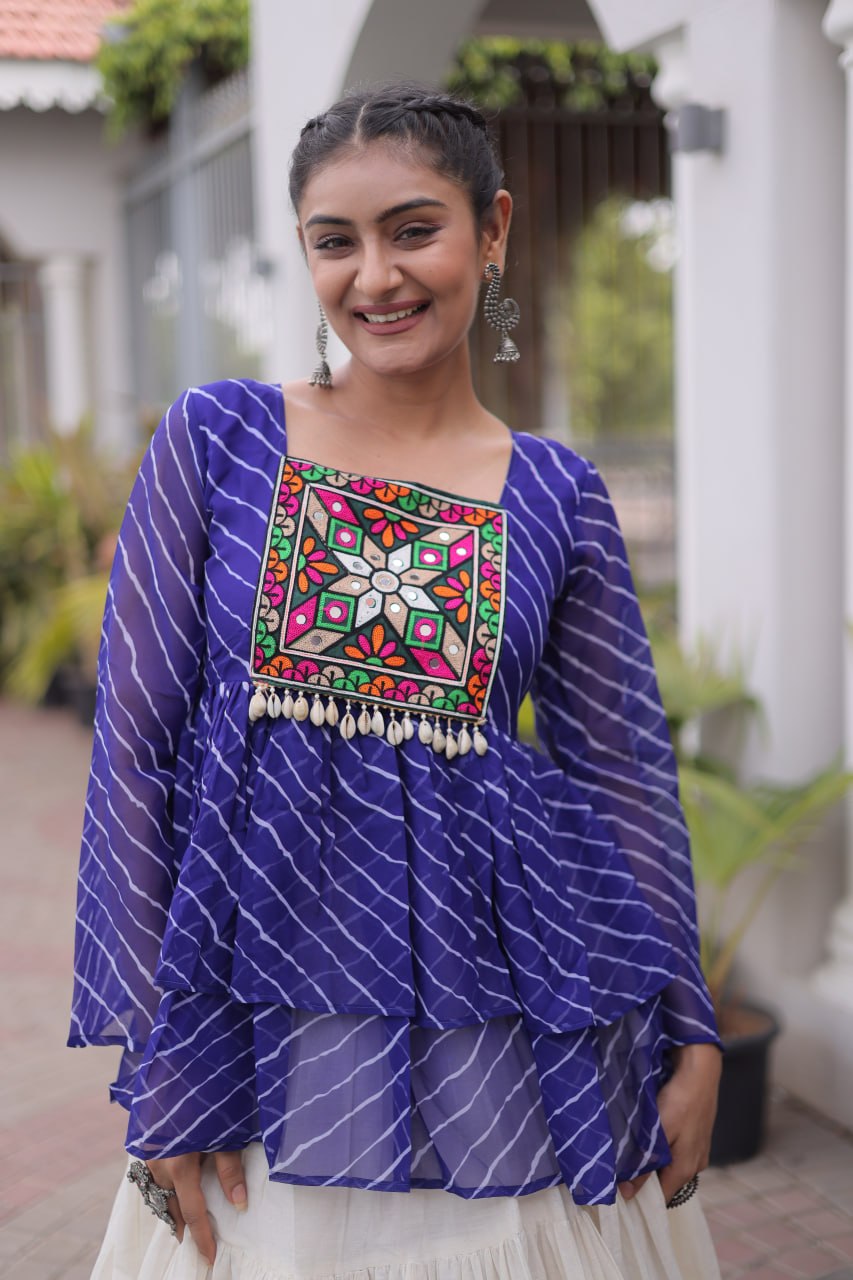Blue Laheriya Kutchi Work Top with Kora Cotton Lehenga