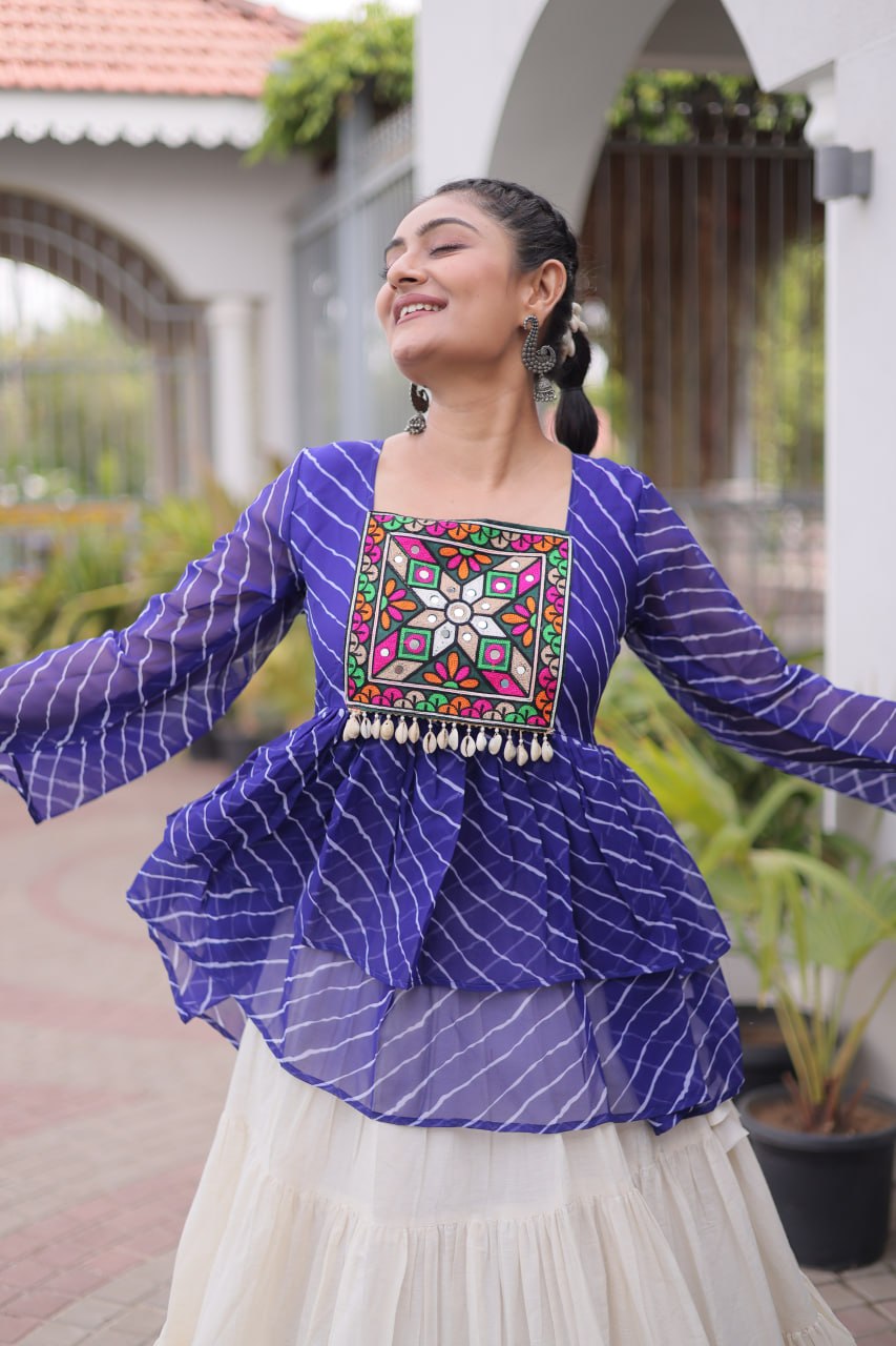 Blue Laheriya Kutchi Work Top with Kora Cotton Lehenga